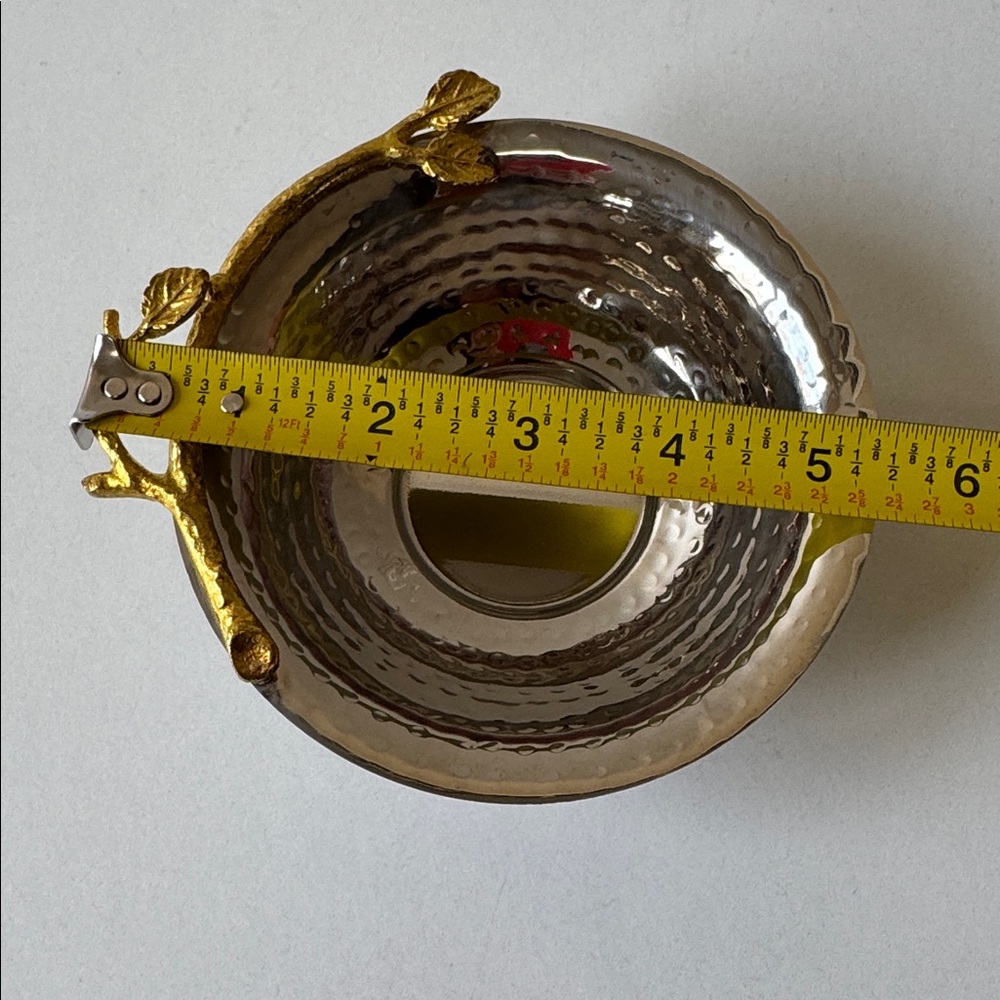 Hammered Silver Color Decorative Bowl with Gold Leaf Handle - Picture 6 of 7